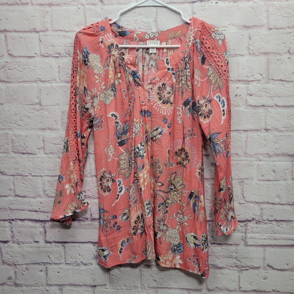 Spense Coral Floral Blouse M Lace Trim Bell Sleeve Flowy Cottagecore Boho Hippie